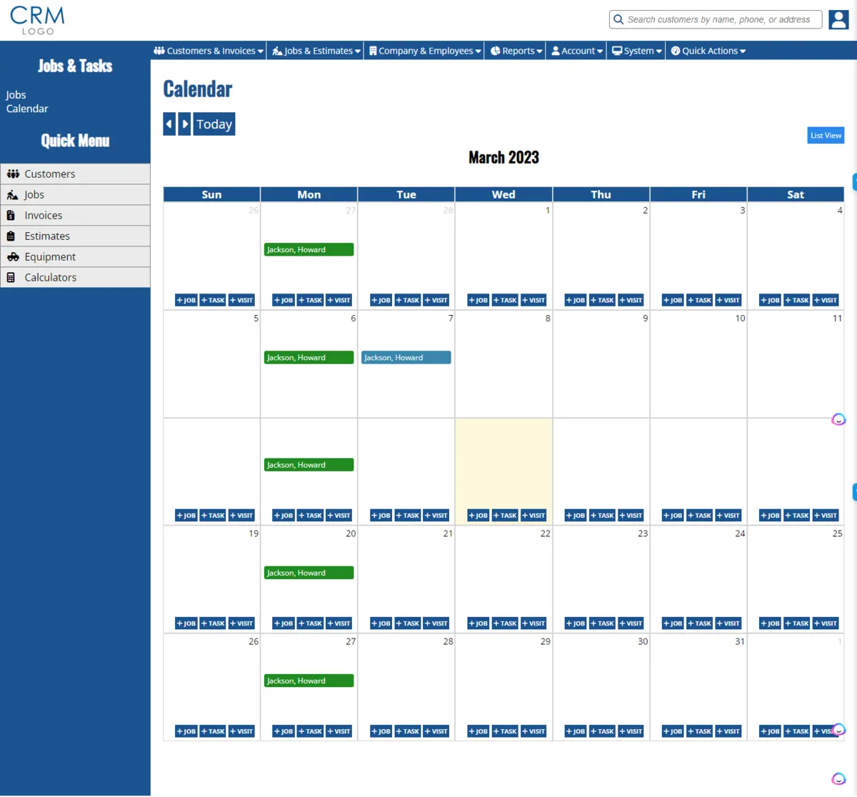 Yorty Designs CRM calendar and customer dashboard interface